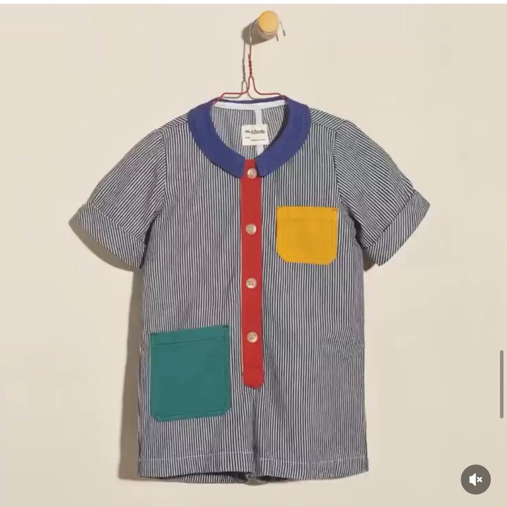We a Family- Striped Kids Romper with Color-Block Pockets - Blue / Yellow / Teal